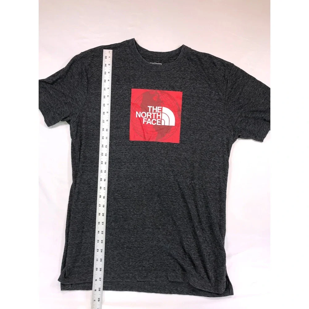 The North Face Mens Graphic T-Shirt Medium Charcoal Grey Red Box Logo Globe Tee